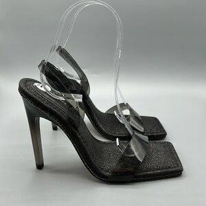 Good American Black Glitter Jeweled Strappy High Heels Square Toe Women's Size 7
